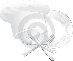 Chef hat, plate with spoon, fork and knife