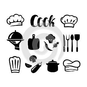 Chef hat, set of kitchen items. Vector isolated on background EPS 10.