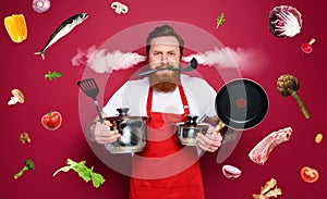 Chef hold a lot of pots. he is stressed due to overwork. red background