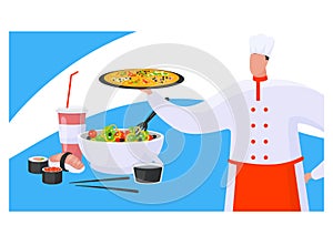 Chef hold pizza, concept oriental and italian foodstuff, cookery expert prepare greek salad, sushi flat vector