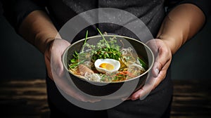 Delicious Hdr Ramen Bowl On Dark Background photo