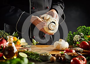 Chef holding large fresh portobello mushrooms