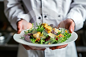 A chef is holding a plate of salad with a variety of vegetables and croutons