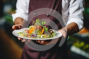 Chef holding a plate with a vegetable salad adorned with flowers