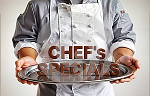 A chef holding silver platter with the text words Chef\'s Specials spelled out in chocolate