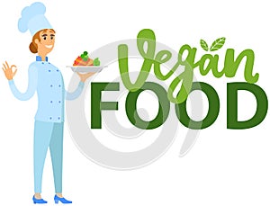 Chef holding vegetarian dish, vegetables on plate. Female kitchener serves vegan restaurant meal