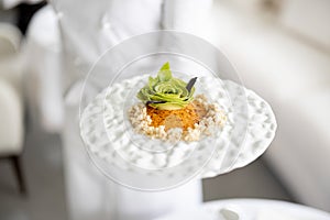 Chef holds a plate with delicious vegetarian meal at restaurant