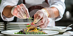 chef in hotel kitchen decorating dish with fresh vegetables and meat.