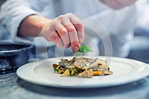 Chef in hotel or restaurant kitchen cooking, only hands. Prepared fish steak with dill decoration