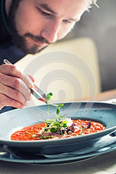 Chef in hotel or restaurant kitchen cooking, only hands. He is working on the micro herb decoration. Preparing tomato soup