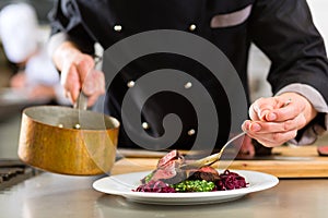 Chef in hotel or restaurant kitchen cooking photo