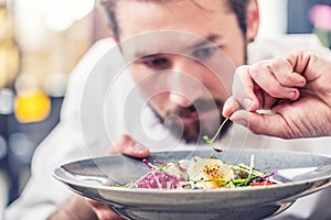 Chef in hotel or restaurant kitchen preparing food. photo