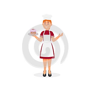 Chef of hotel restaurant. Smiling woman holding tray with delicious cake. Colorful flat vector design