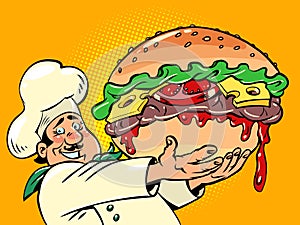 chef with a huge burger, fast food street restaurant. Delicious cheeseburger