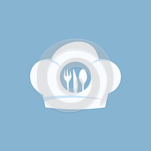 Chef icon with fork and knive isolated on blue background. flat style design trendy modern vector illustration