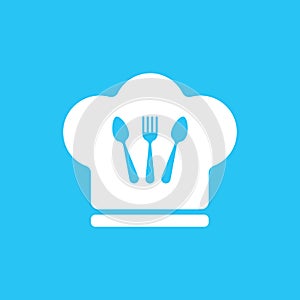 chef icon with fork and knive isolated on blue background. flat style design trendy modern vector illustration