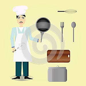 Chef icon over yellow background, cooker, cook, kitchen tools set