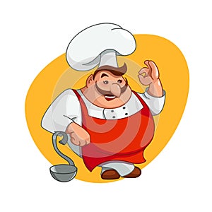 Chef illustration, smiling man character on kitchen in chef`s hat. Cooking tasty food, ok hand gesture sign, isolated on