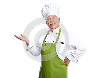 Chef inviting at restaurant.