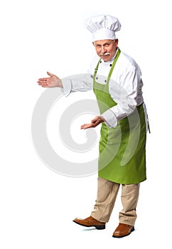 Chef inviting in restaurant. photo