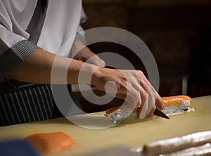 Chef Japanese cuisine in hotel or restaurant kitchen cooking, on