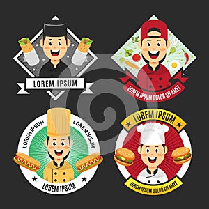 Chef with junkfood mascot badge set collection