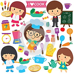 Chef kids and kitchen elements clip art set