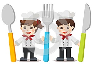 Children with knife, spoon and fork. Chef Kids Menu. photo