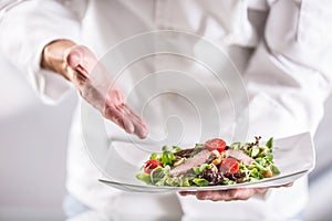 Chef in the kitchen of the hotel or restaurant showing on the food just before serving