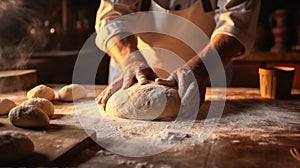 chef kitchen knead pastry dough hands cook baker food flour. Generative AI.