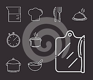 chef kitchen utensils jar fork spoon pot knife board cutting on black background icons set