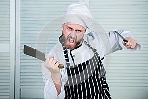 Chef with knifes. Professional in kitchen. culinary cuisine. angry bearded man with knife. love eating food. confident
