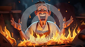 The chef is laughing and holding a fire in his hands, AI