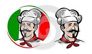 Chef, logo. Italian food, pizza, restaurant, menu label. Cartoon vector illustration