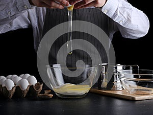 Chef make cake. pie making. recept concept on dark background