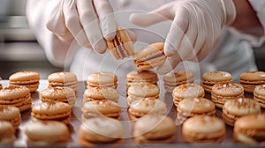 A chef is making macaroons and is wearing gloves