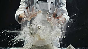 Chef making white flour dust explosion for baking - captured in stop motion photography
