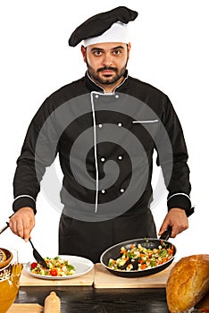 Chef male arrange food on plate
