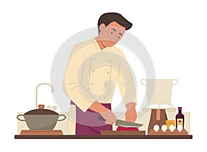 Chef Man Cutting Meat and Cooking in Kitchen for Culinary Concept Illustration