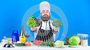 Chef man in hat. Secret taste recipe. Dieting and organic food, vitamin. Vegetarian. Street food. Mature chef with beard
