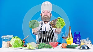 Chef man in hat. Secret taste recipe. Dieting and organic food, vitamin. Vegetarian. Street food. Mature chef with beard