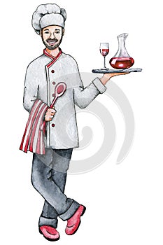 The chef is a man with a tray and wine in his hands. Hand drawn watercolor illustration isolated on white background