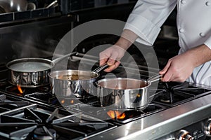 chef monitoring simmering saucepans on a range