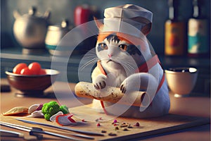 Chef pet cat using knife preparing and eating sushi