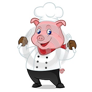 Chef pig cartoon mascot holding fork and knife