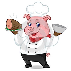 Chef pig cartoon mascot serving pork on tray