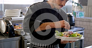 Chef plating the dish in commercial kitchen 4k