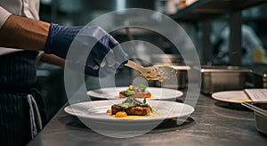 Chef plating elegant dish with precision in a professional kitchen
