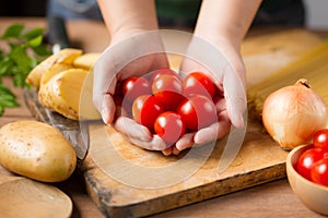 Chef prepare fresh tomatoes and potato on chopping board for making a Vegetable salad at Kitchen