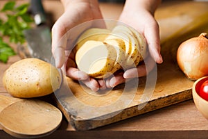 Chef prepare potatoes on chopping board for cook a potato salad at kitchen